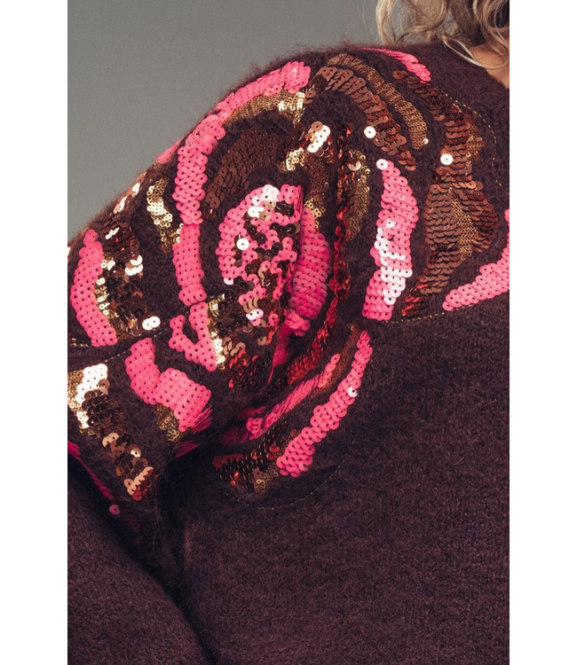 Sequin Floral Fuzzy Sweater Brown