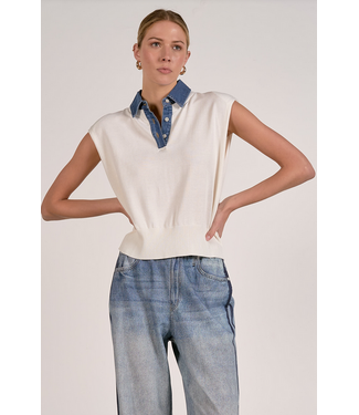 Elan Mix Media Cap Sleeve Sweater Off White