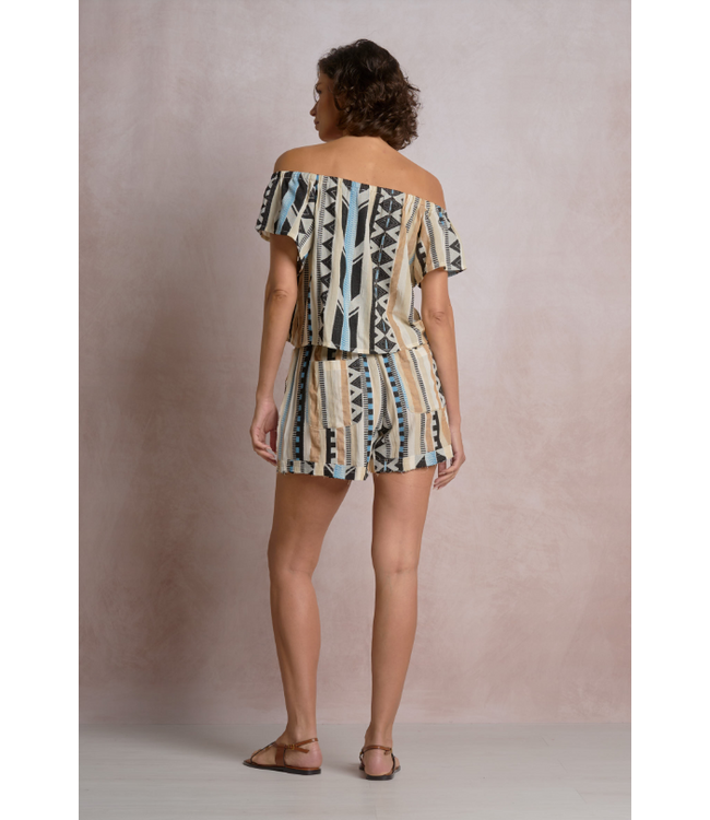 Elan Off Shoulder Ruffle Top Neutral Aztec