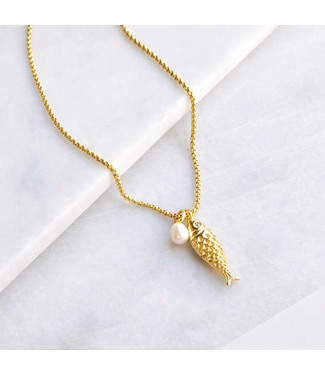 Gold Fish Pendant Necklace Pearl 18'