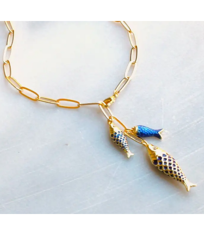 Lucky Catch Fish Pendant Necklace Blue 19'