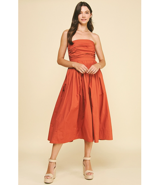 Shirring Detailed Sleeveless Midi Dress Rust
