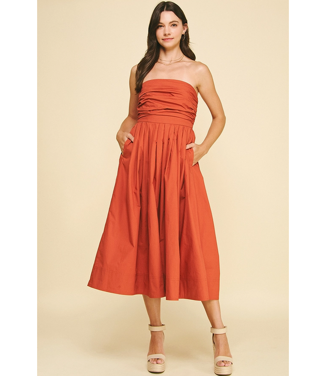 Shirring Detailed Sleeveless Midi Dress Rust