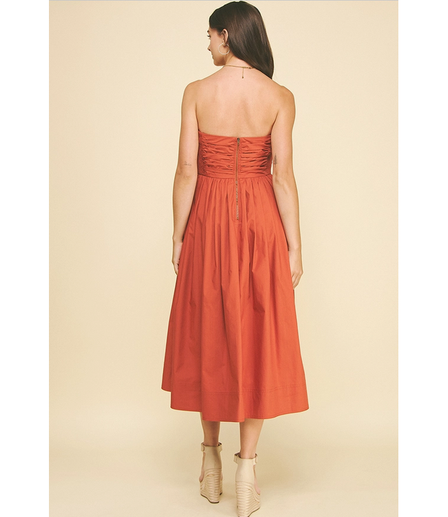 Shirring Detailed Sleeveless Midi Dress Rust