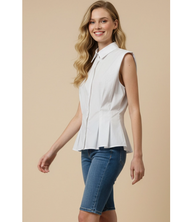 Sleeveless Peplum Button Down Shirt White