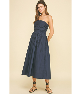 Shirring Detailed Sleeveless Midi Dress Navy