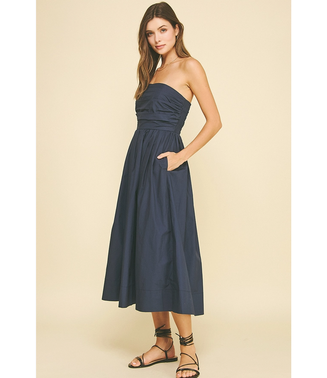 Shirring Detailed Sleeveless Midi Dress Navy