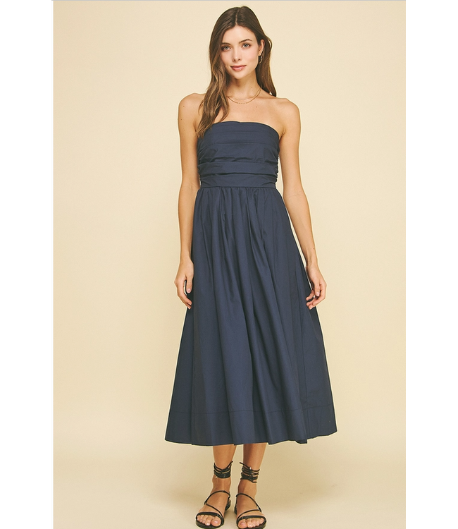 Shirring Detailed Sleeveless Midi Dress Navy