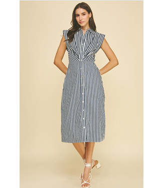 Striped Button Down Midi Dress Navy