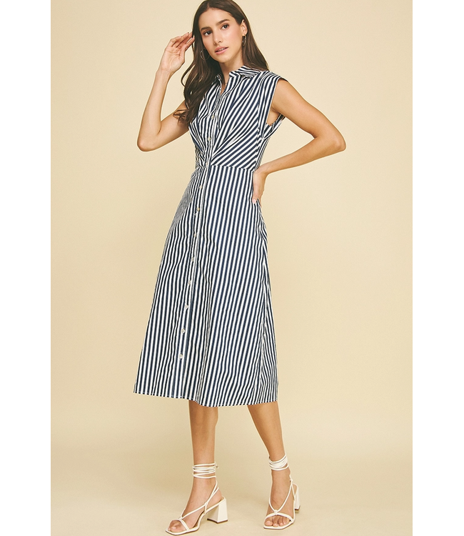 Striped Button Down Midi Dress Navy