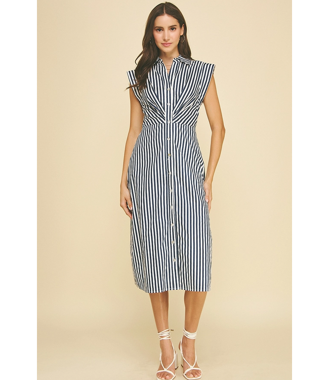 Striped Button Down Midi Dress Navy