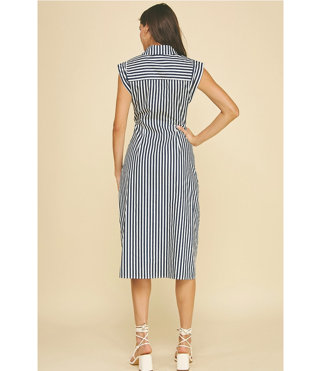 Striped Button Down Midi Dress Navy