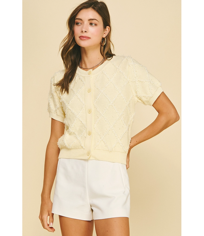 Textured Diamond Knit Cardigan Lemon