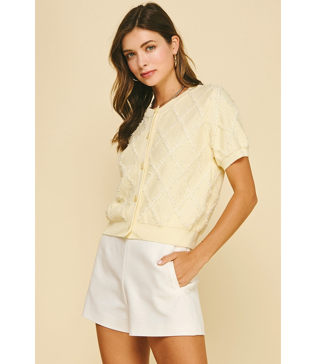 Textured Diamond Knit Cardigan Lemon