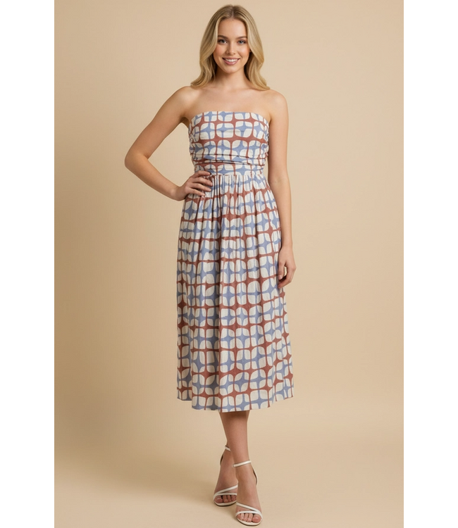 Geometric Print Midi Dress Blue/Red