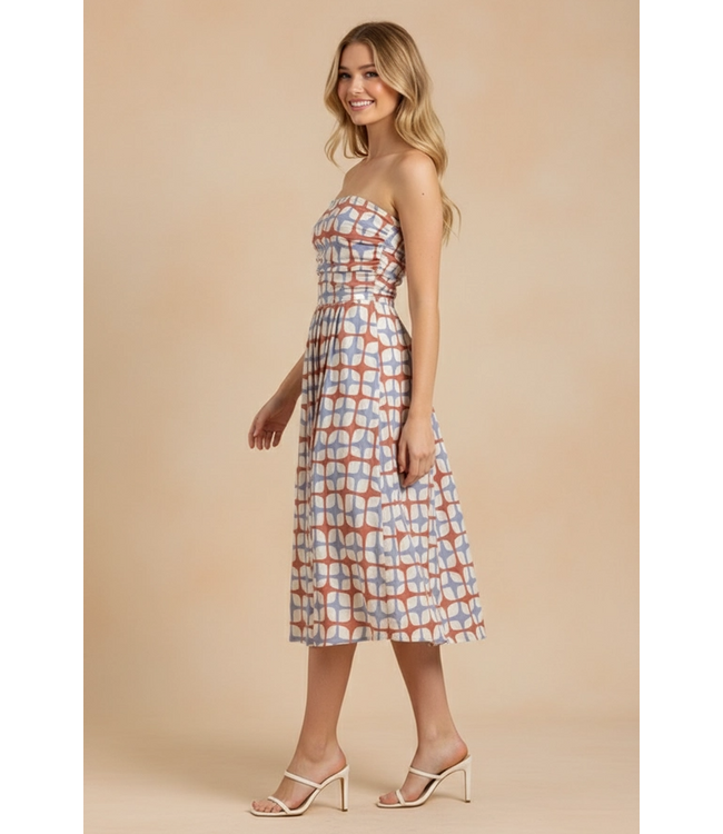 Geometric Print Midi Dress Blue/Red