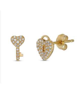 Lock & Key Stud Earrings 14KT-0.14CTW
