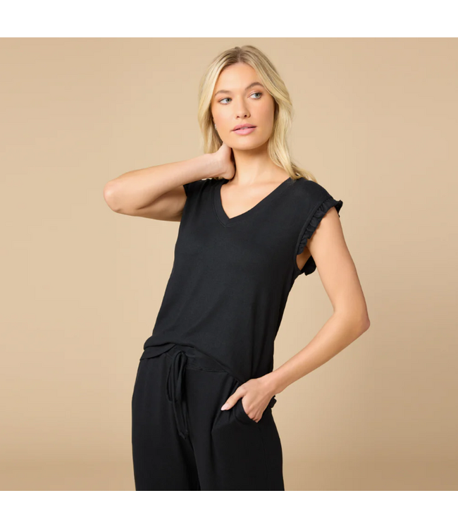 Softies Dream Ruffle V-Neck Top Black