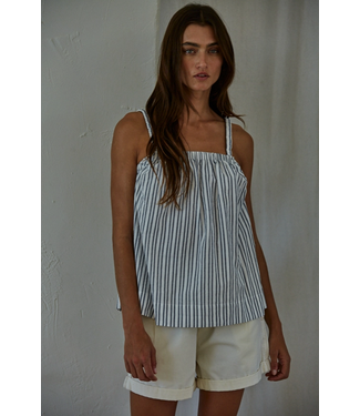 Woven Striped Cotton Sleeveless Top Ivory Denim