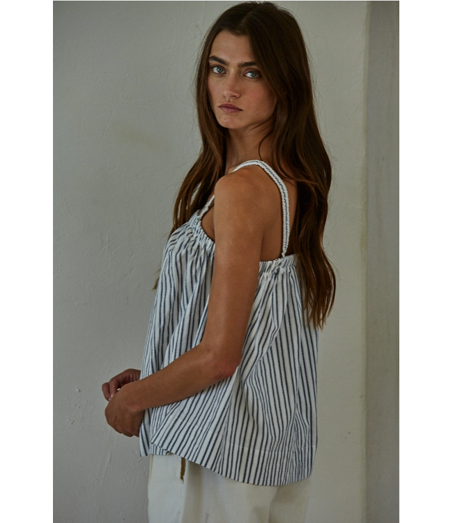Woven Striped Cotton Sleeveless Top Ivory Denim