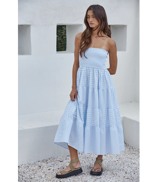 Woven Cotton Polyester Gingham Pattern Smocked Waist LT Blue