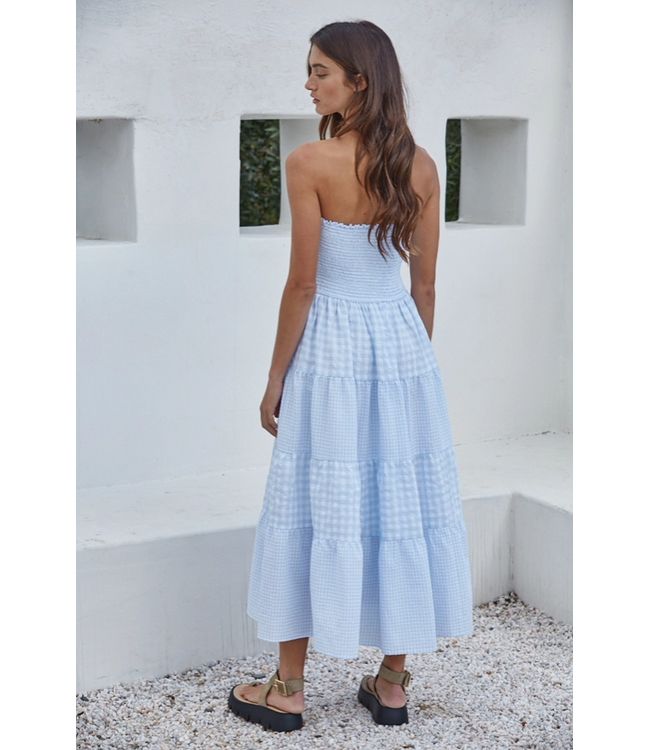 Woven Cotton Polyester Gingham Pattern Smocked Waist LT Blue