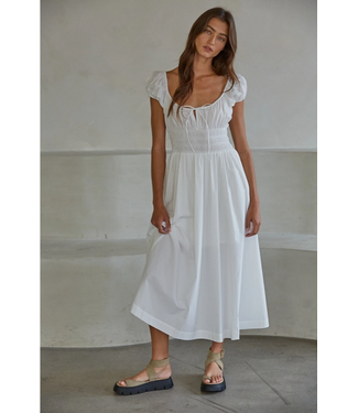 Woven Cap Sleeve Smocked Waist Midi Dress White