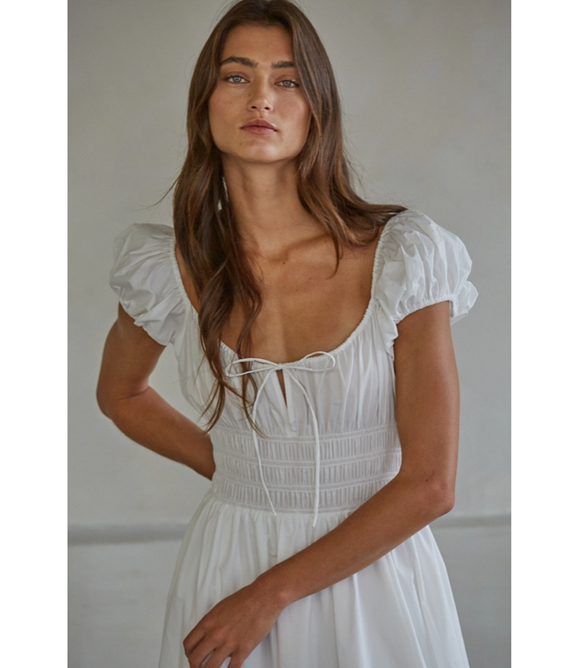 Woven Cap Sleeve Smocked Waist Midi Dress White