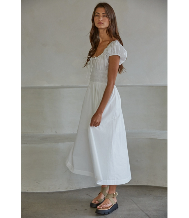 Woven Cap Sleeve Smocked Waist Midi Dress White