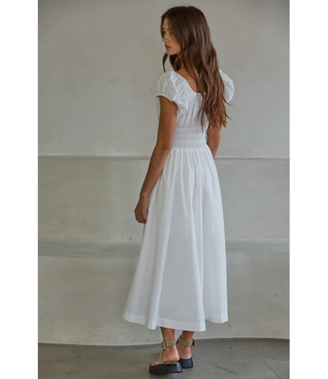 Woven Cap Sleeve Smocked Waist Midi Dress White