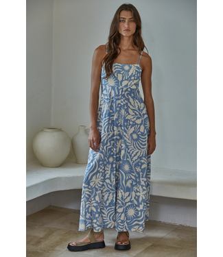 Woven Rayon Linen Print Detail Midi Dress Blue Cream