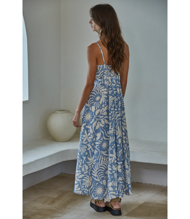 Woven Rayon Linen Print Detail Midi Dress Blue Cream