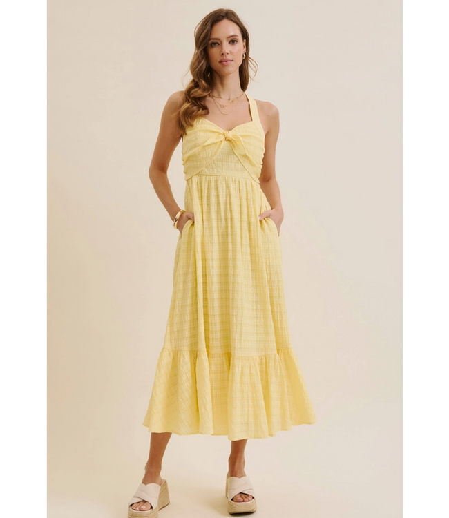 Textured Halter Smocked Midi Dress Lemon Drop