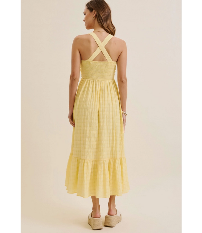 Textured Halter Smocked Midi Dress Lemon Drop