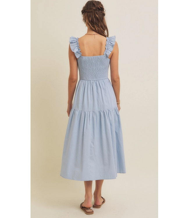 Cloud Gazing Airy Smocked Back Tiered Midi Dress LT blue