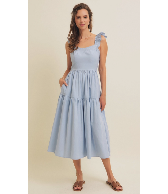 Cloud Gazing Airy Smocked Back Tiered Midi Dress LT blue