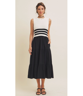 Everyday Escape Mixed Media Tiered Sweater Midi Dress Black