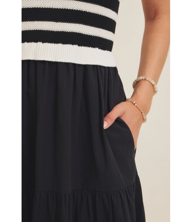 Everyday Escape Mixed Media Tiered Sweater Midi Dress Black