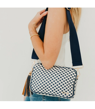 Woven Willow Camera Crossbody Bag Checkered Navy