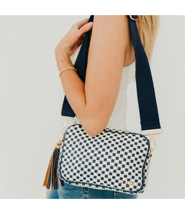 Woven Willow Camera Crossbody Bag Checkered Navy