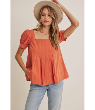 Sunday Air Textured Cotton Puff-Sleeved Pleated Blouse CAYENNE