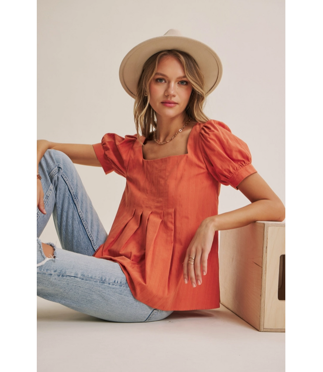 Sunday Air Textured Cotton Puff-Sleeved Pleated Blouse CAYENNE