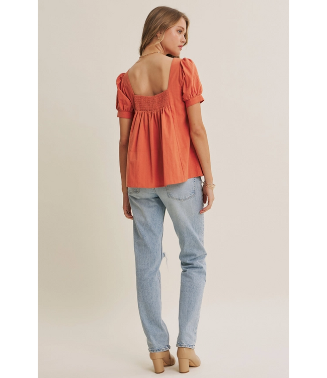 Sunday Air Textured Cotton Puff-Sleeved Pleated Blouse CAYENNE