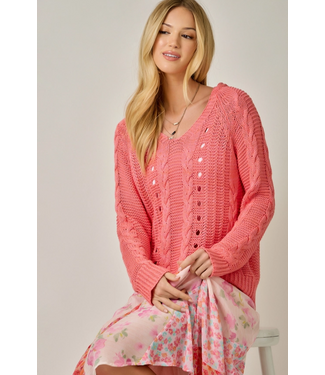 Cable Knit Hoodie Sweater Raspberry