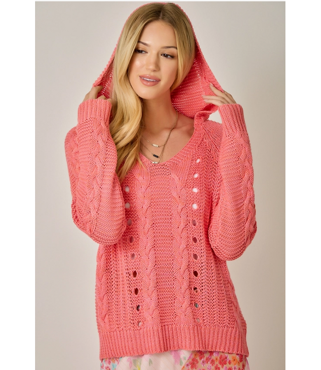 Cable Knit Hoodie Sweater Raspberry