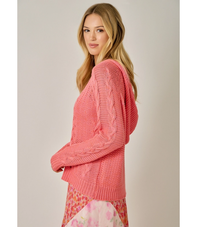 Cable Knit Hoodie Sweater Raspberry