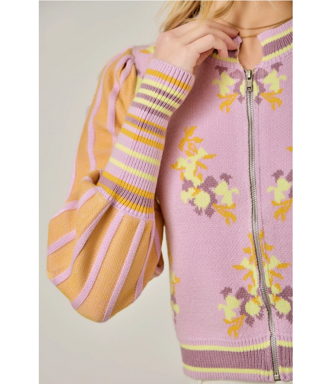 Floral Sweater Bomber Jacket Rose/Orange