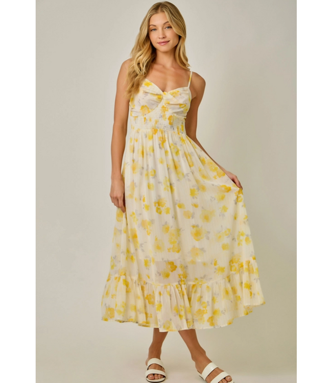 Twist Adorn Neckline Midi Dress Yellow