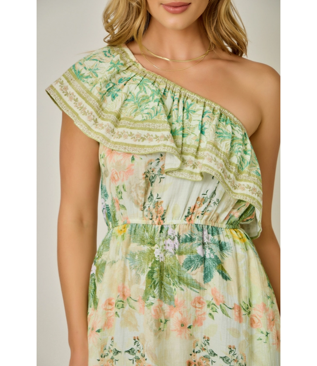 Tropical Asymmetrical Shoulder Dress Green Mix