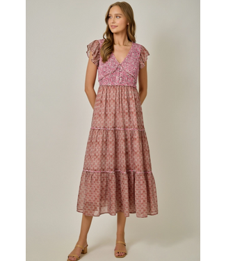 Chiffon Mixed Print Flutter Sleeve Dress Raspberry